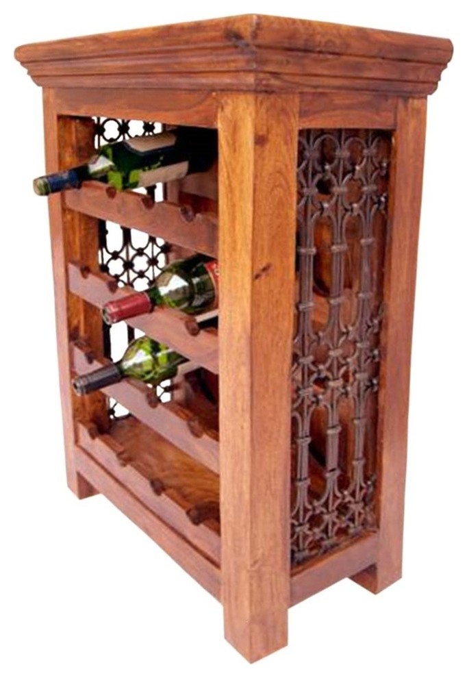 Sutton Rustic Solid Wood Iron Grill 16 Bottles Floor Wine Bar Rack Traditional Wine Racks By Sierra Living Concepts