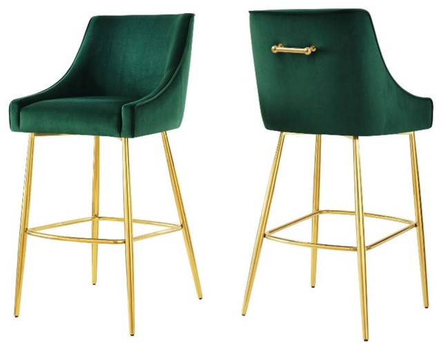 Modway Discern 29.5" Velvet Bar Stools with Gold Legs in Green (Set of