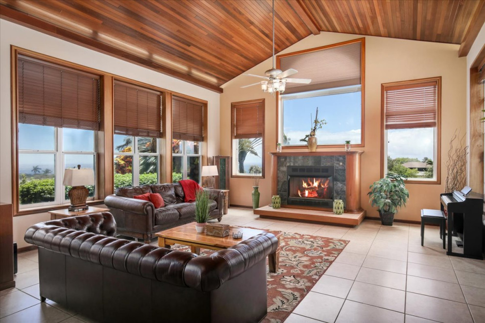 This is an example of a large contemporary living room in Hawaii.
