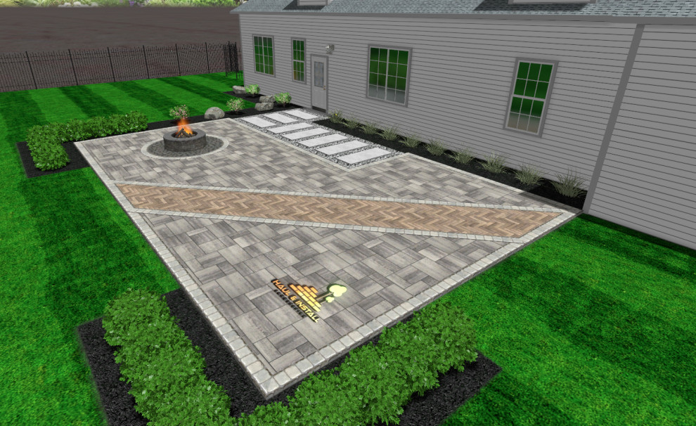 Idéer för att renovera en mellanstor funkis uteplats framför huset, med en öppen spis och marksten i betong