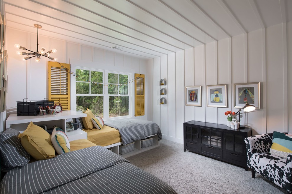 Country gender-neutral kids' bedroom in Atlanta with white walls and carpet.