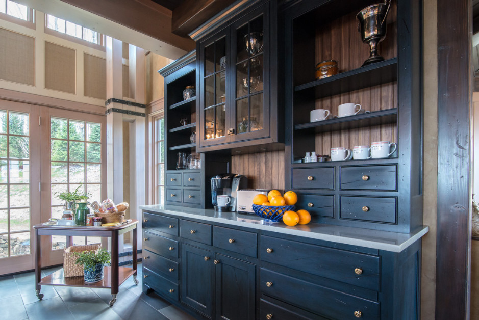 Inspiration for a large transitional u-shaped slate floor and gray floor eat-in kitchen remodel in Boston with an undermount sink, shaker cabinets, light wood cabinets, quartz countertops, white backsplash, stone slab backsplash, paneled appliances and an island