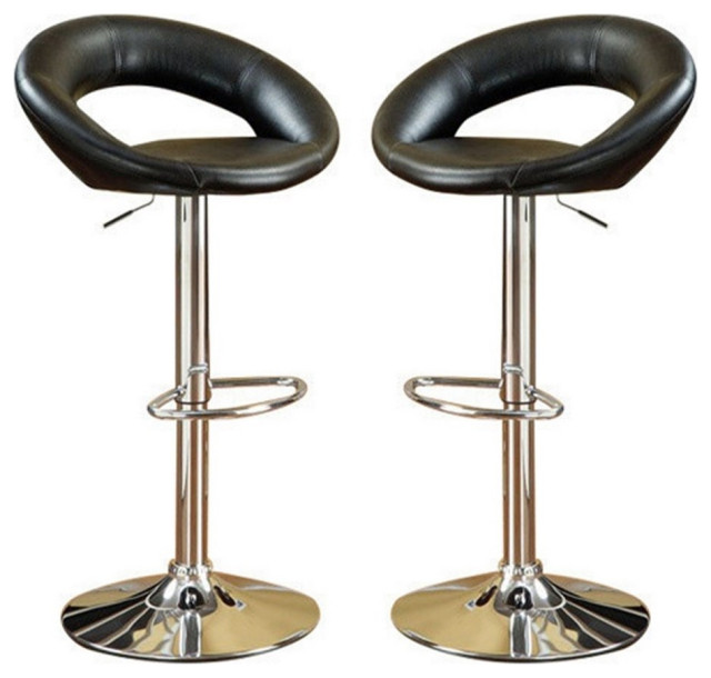 Metal Base Bar Stool With Faux Leather Seat Black & Silver Set of 2