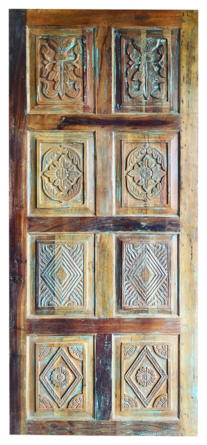 Consigned Vintage Indian Door, Rustic Blue Carved Door Panel, Sliding Barn Door