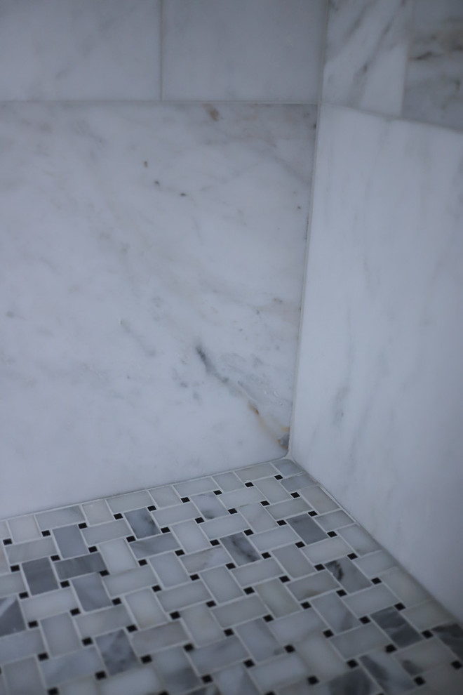 Alcove bathtub - mid-sized transitional master white tile and marble tile ceramic tile and gray floor alcove bathtub idea with gray walls, beaded inset cabinets, white cabinets, a two-piece toilet, an undermount sink, quartzite countertops and a hinged shower door