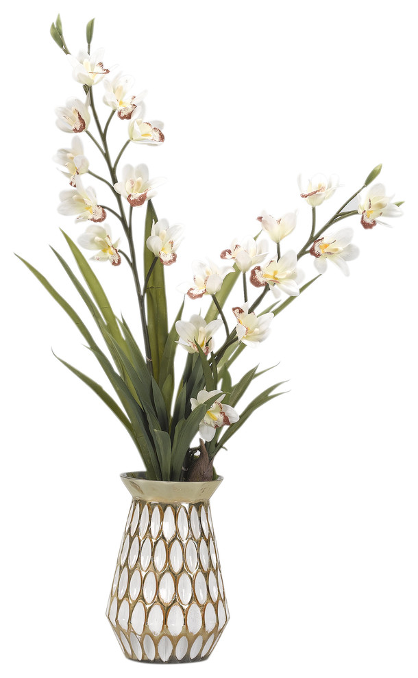 Cream Cymbidium Orchids In White And Gold Glass Vase Contemporary Artificial Flower