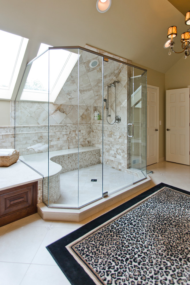 Photo of a large traditional master bathroom in Chicago with raised-panel cabinets, an alcove shower, beige tile, beige walls and an undermount sink.