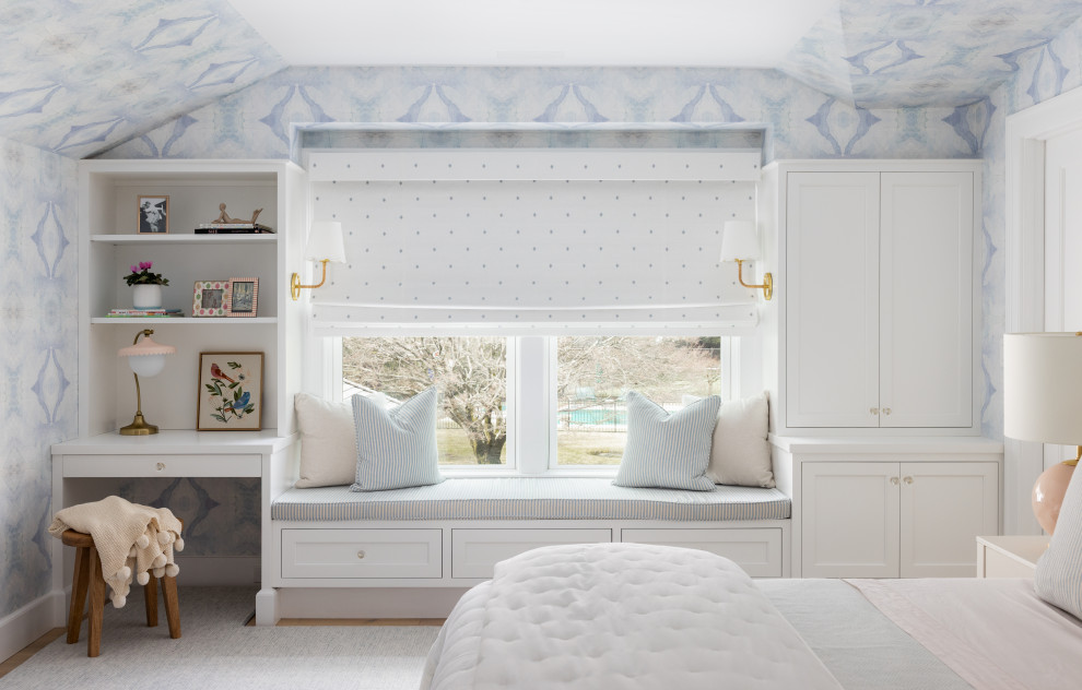 Inspiration for a large transitional girl gray floor, wallpaper ceiling and wallpaper kids' room remodel in New York with blue walls
