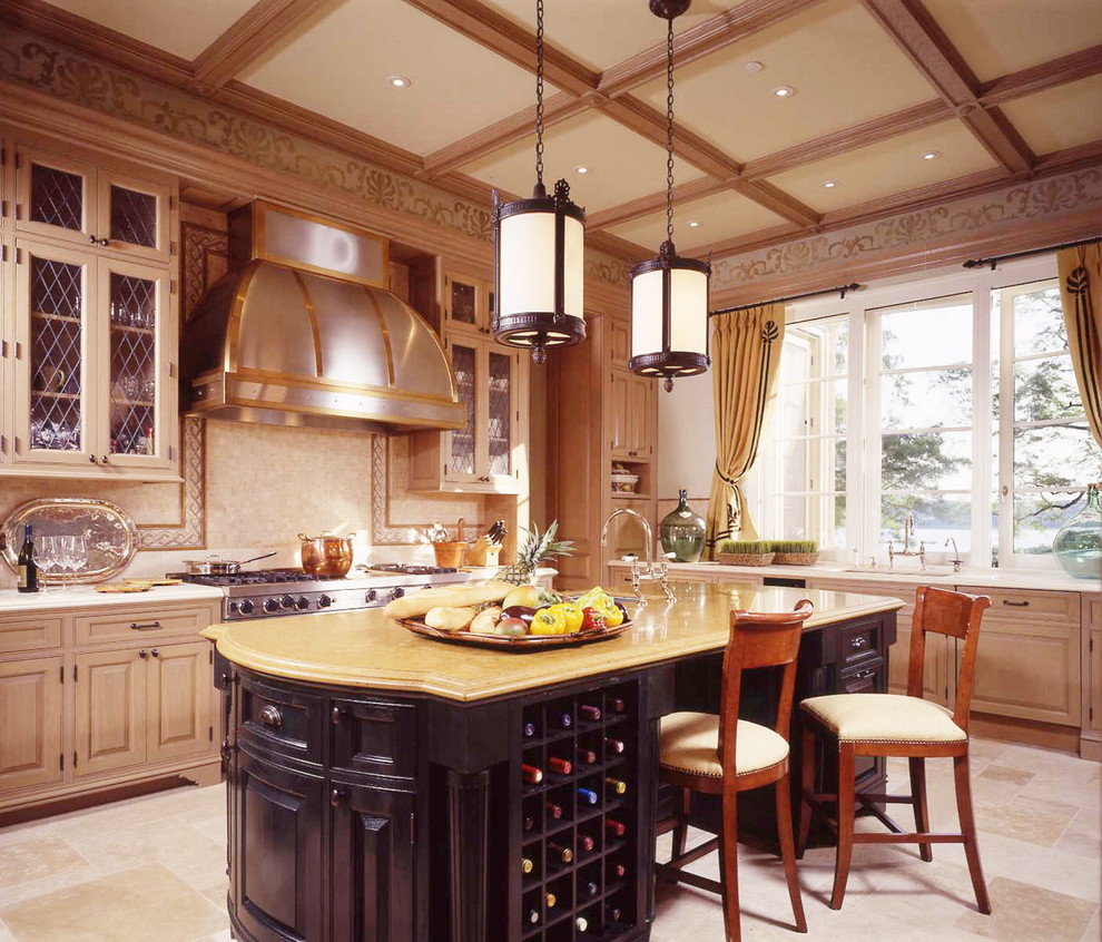 Design ideas for a traditional kitchen in New York with glass-front cabinets, light wood cabinets and beige splashback.