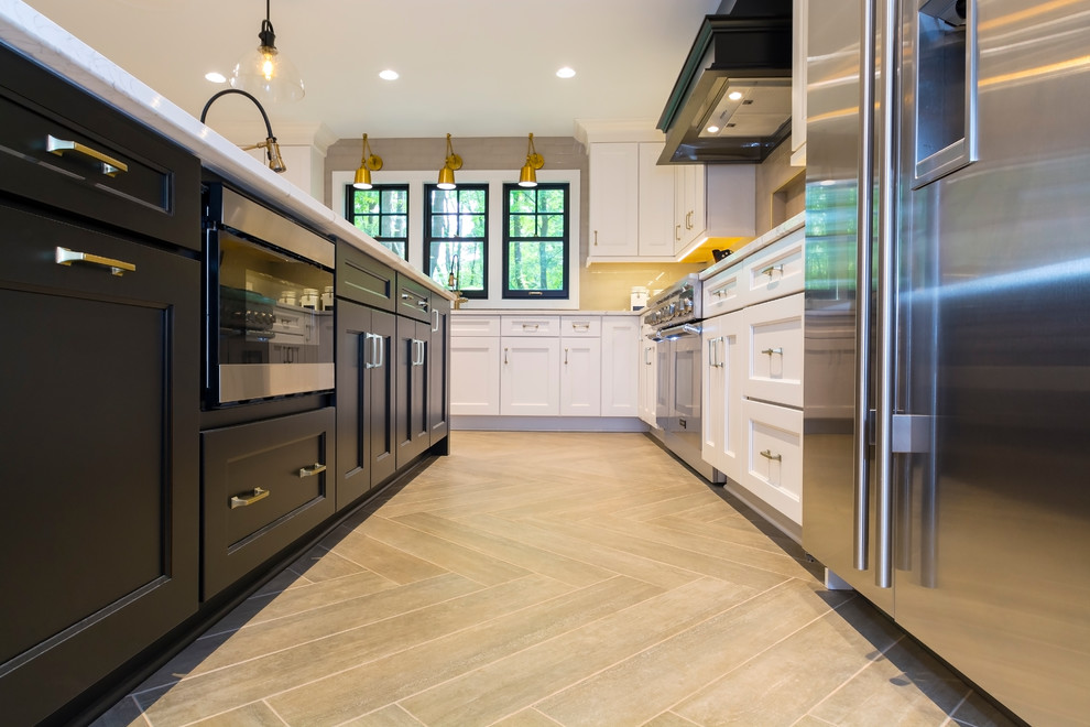 Inspiration for a transitional brown floor kitchen remodel with an island