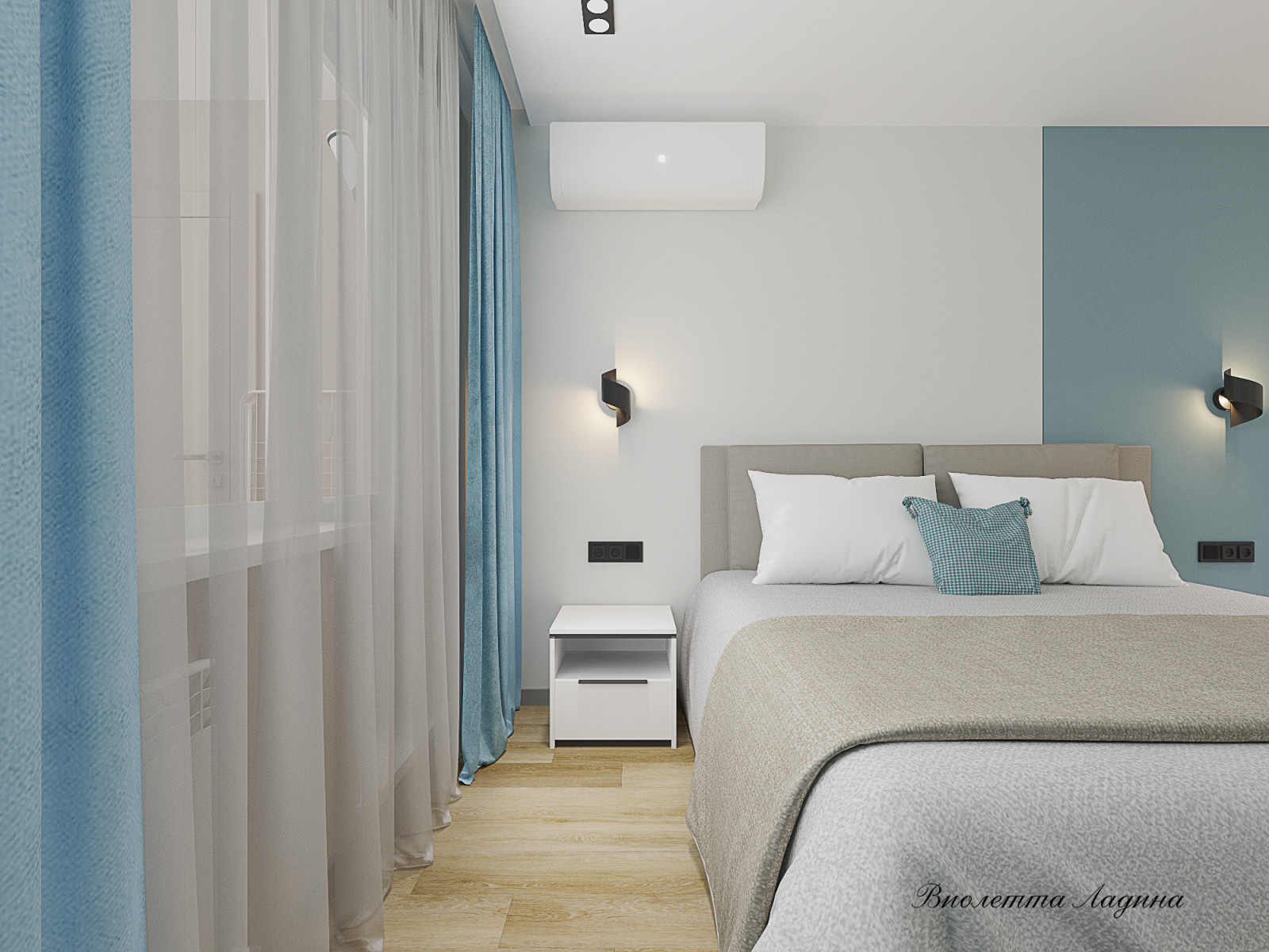 Трешка в панельном доме в современном стиле с голубым акцентом.