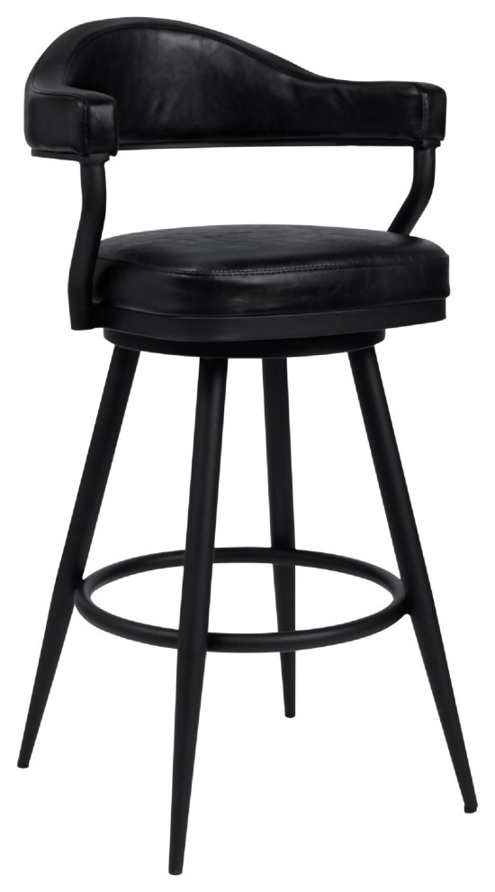 26" Vegan Faux Leather Counter Stool, Metal Legs, Black Midcentury Bar Stools And Counter