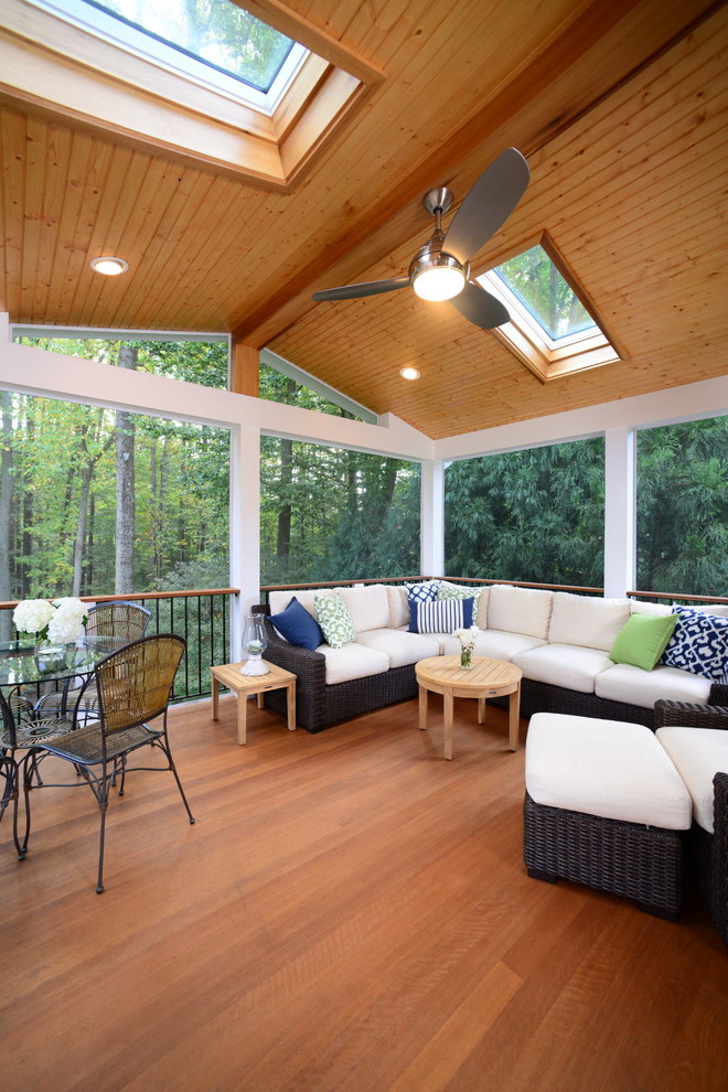 Inspiration for a large transitional screened-in back porch remodel in DC Metro with decking and a roof extension