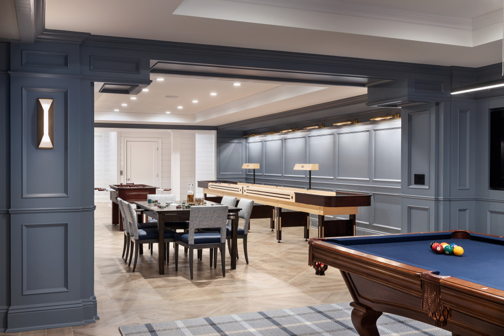 Design ideas for a medium sized contemporary basement in New York with a game room, multi-coloured walls, medium hardwood flooring and no fireplace.