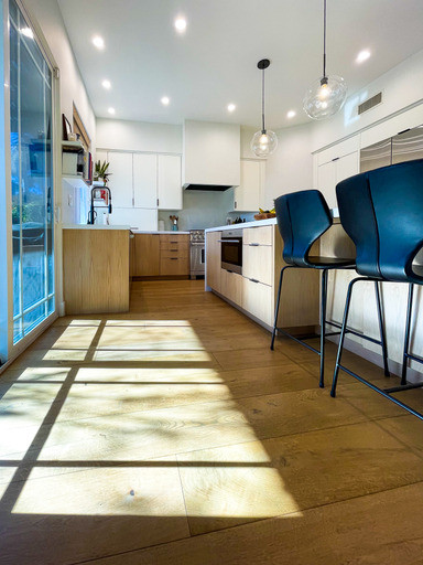 White Oak Flooring & Cabinets, Kitchen Island, Backsplash, Windows and Appliance