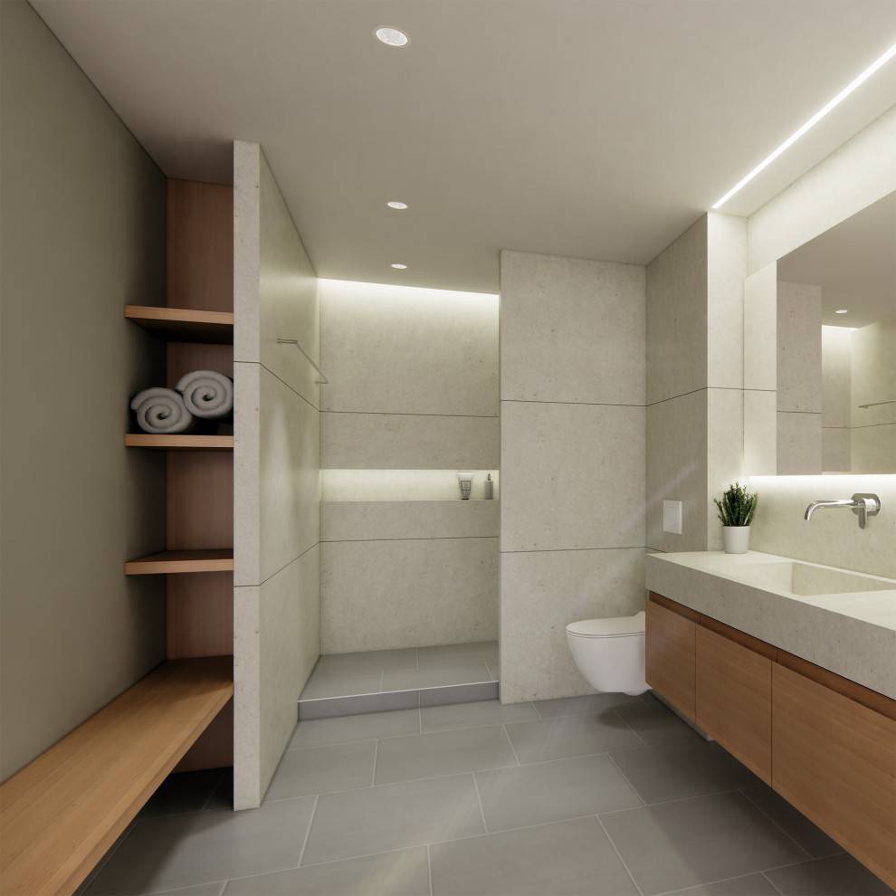 Cette photo montre une petite salle d'eau grise et blanche moderne avec un plan de toilette en quartz, meuble simple vasque, WC suspendus, un mur beige, un sol en carrelage de céramique et un sol gris.