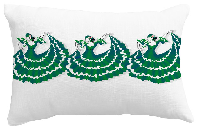 3 Cuban Dancers Geometric Print Throw Pillow With Linen Texture, Green, 14"x20"