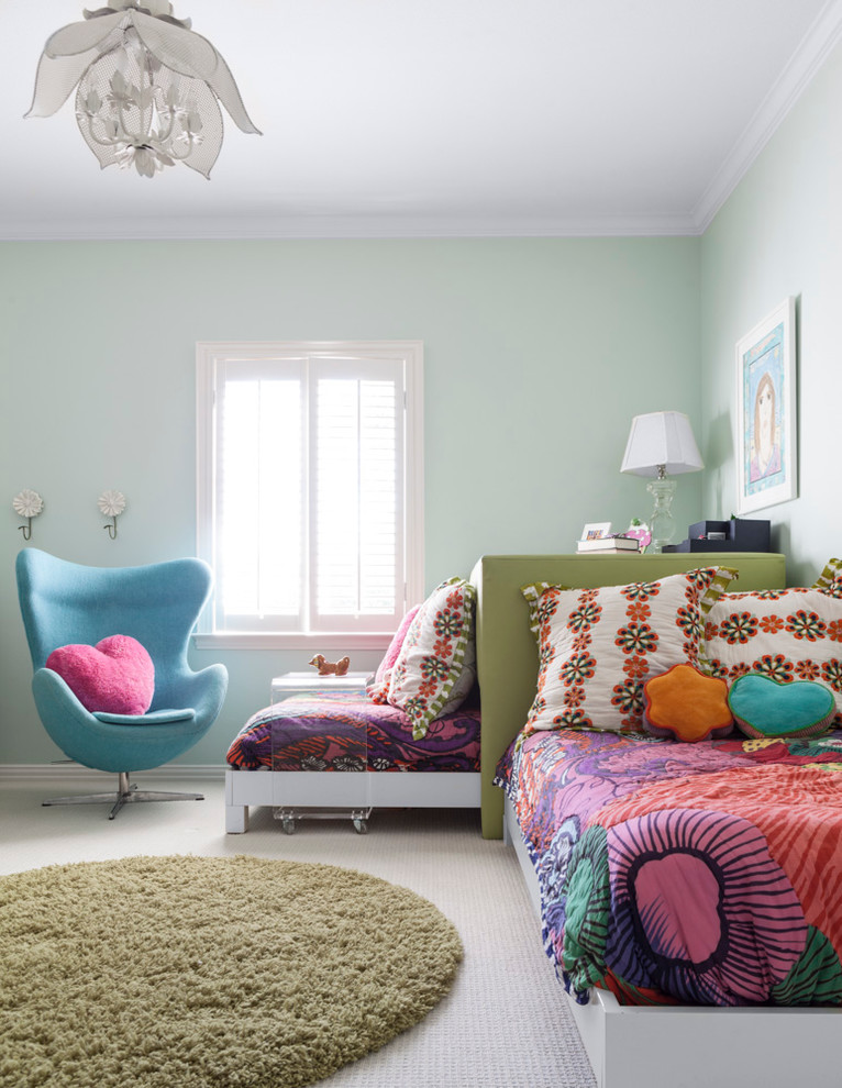Inspiration for a transitional kids' room for girls in Dallas with carpet and green walls.