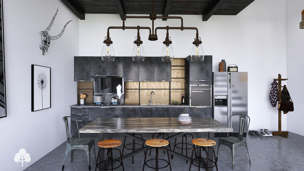 Foto de cocina lineal urbana pequeña abierta sin isla con armarios con paneles lisos, electrodomésticos de acero inoxidable, suelo de cemento y vigas vistas
