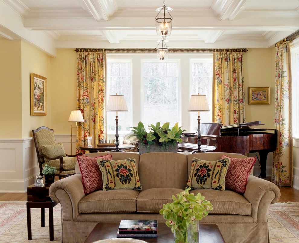 Mid-sized traditional formal enclosed living room in Boston with yellow walls, carpet, no fireplace and no tv.