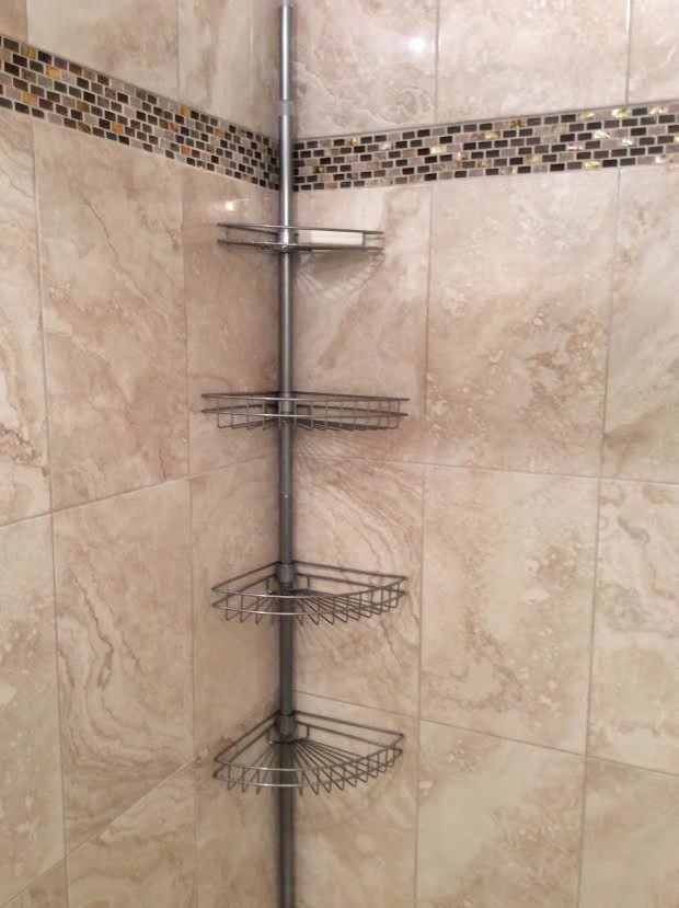 Example of a small transitional beige tile and ceramic tile porcelain tile alcove shower design in Charleston