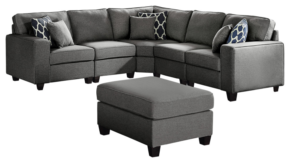 Lilola Home Sonoma Dark Gray Linen 6Pc Modular Sectional Sofa and Ottoman