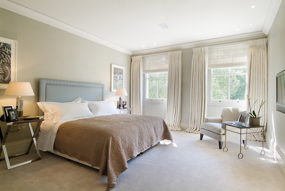 Design ideas for a large contemporary master bedroom in DC Metro with beige walls, carpet, no fireplace and beige floor.