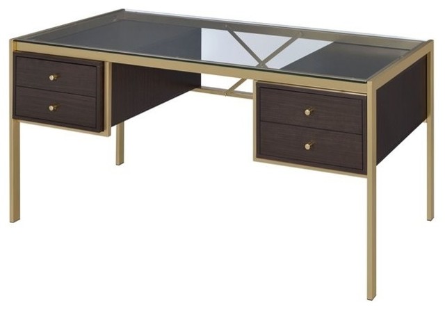 Acme Yumia Glass Top Writing Desk In Clear Glass And Gold