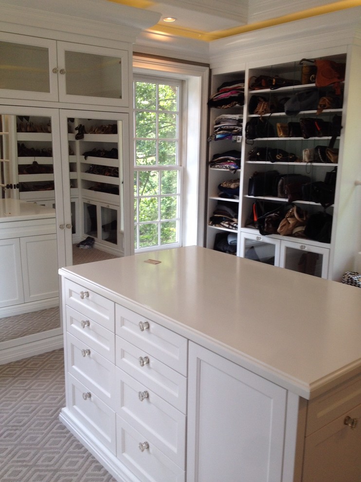 Design ideas for a large modern women's walk-in wardrobe in Philadelphia with glass-front cabinets, white cabinets and carpet.