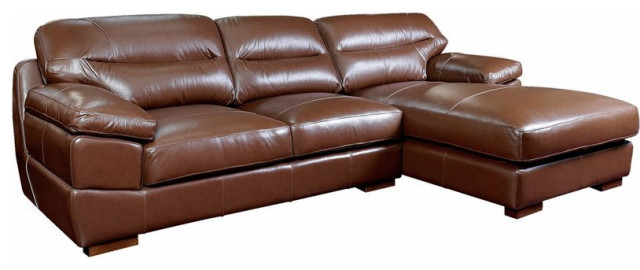 Sunset Trading Jayson 115" Modern Top-Grain Leather Sofa with Chaise in Chestnut