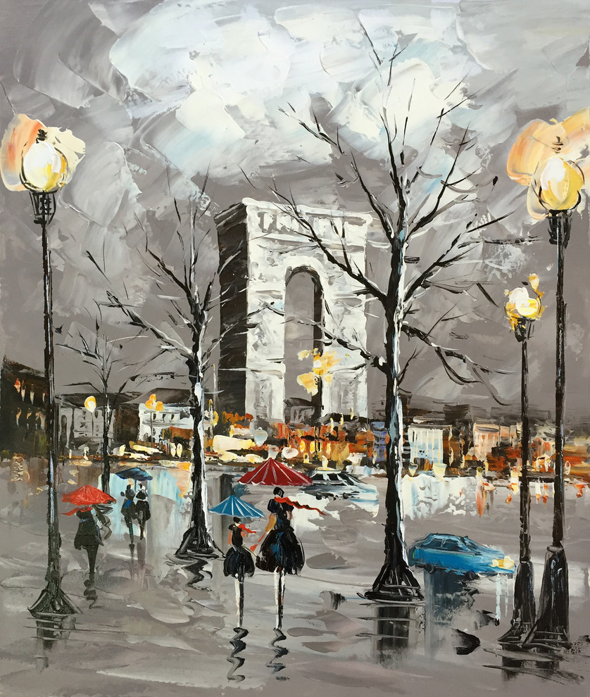 "Rainy Paris Streets VII" Oil Painting Print on Wrapped Canvas; Modern Fine Art