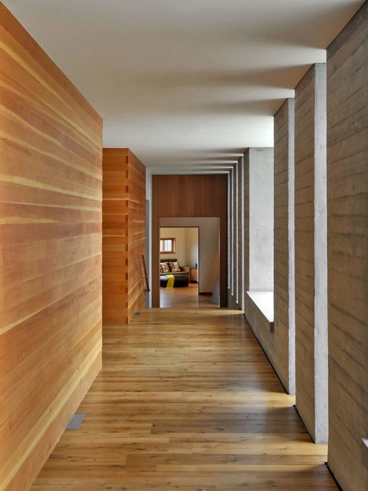 Inspiration for an expansive contemporary hallway in Denver with medium hardwood floors.
