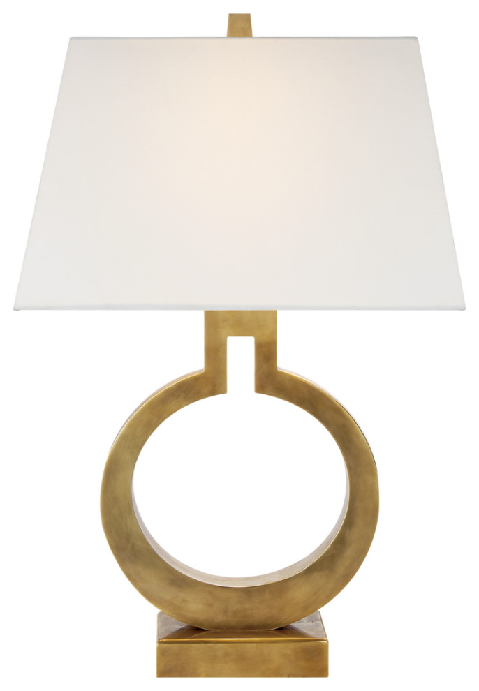 Ring Form Small Table Lamp in Antique-Burnished Brass with Linen Shade