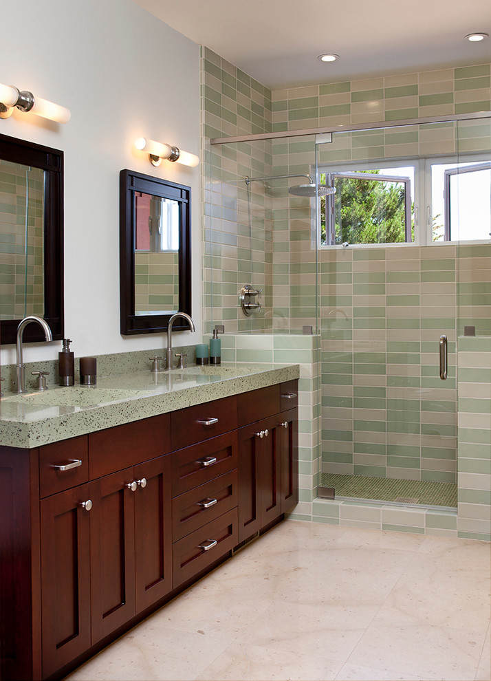 Inspiration for a traditional bathroom in San Francisco with shaker cabinets, terrazzo benchtops, green tile, dark wood cabinets and green benchtops.