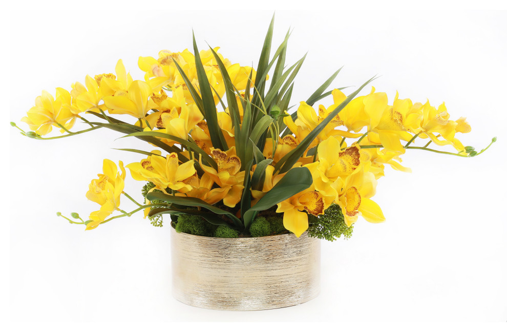 Yellow Silk Cymbidium Orchid Arrangement in Champagne Gold Ceramic Pot