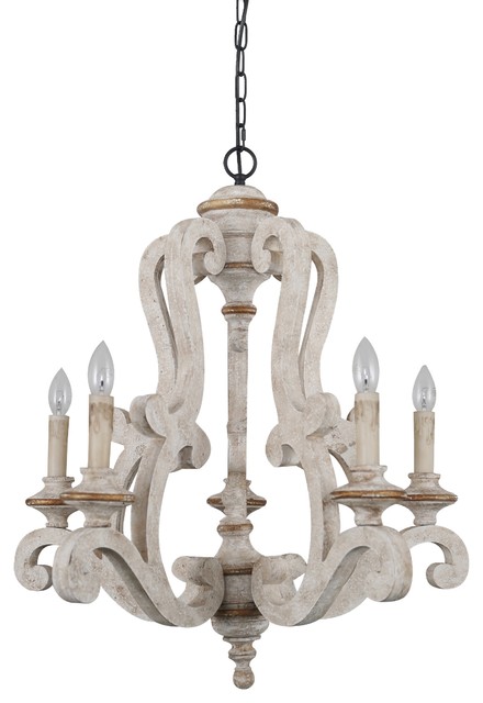 Antique 5-Light Wooden Candle Chandelier, Distressed White - French Country  - Chandeliers - by Oaks Aura | Houzz