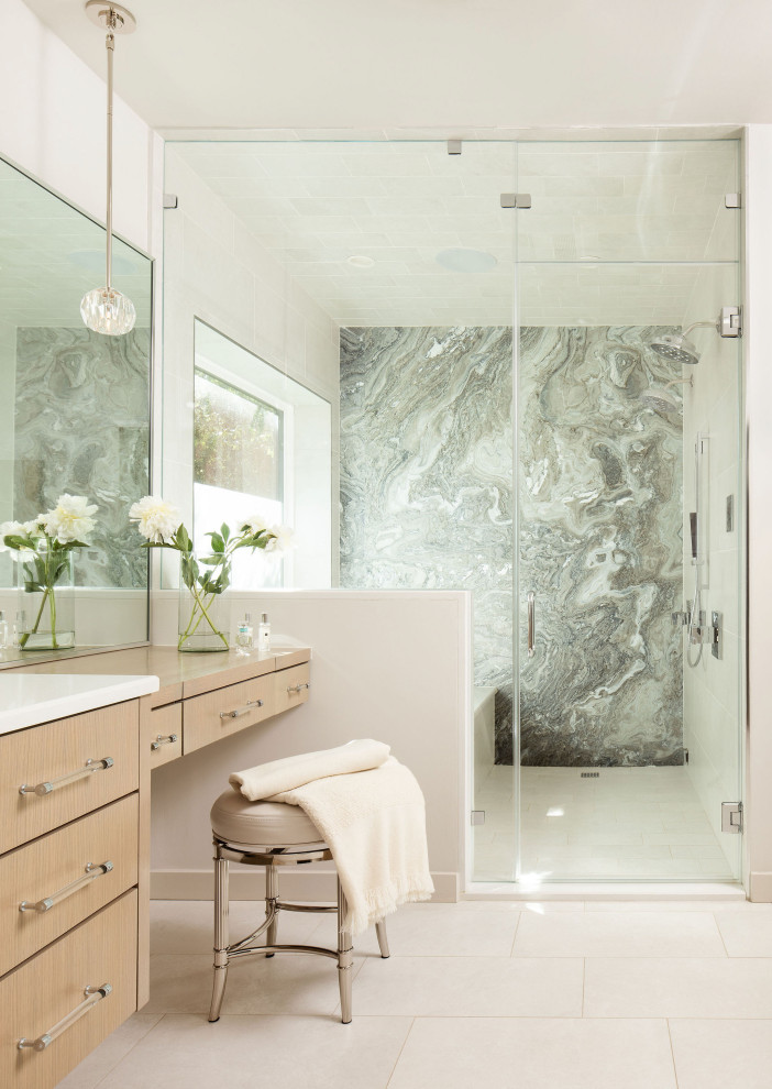 Design ideas for a mid-sized contemporary master bathroom in Austin with flat-panel cabinets, light wood cabinets, an undermount tub, a double shower, a one-piece toilet, white tile, porcelain tile, white walls, porcelain floors, an undermount sink, engineered quartz benchtops, white floor, a hinged shower door, white benchtops, an enclosed toilet, a double vanity and a floating vanity.
