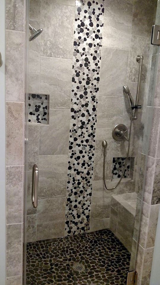 Mid-sized contemporary 3/4 bathroom in Other with an alcove shower, multi-coloured tile and pebble tile.