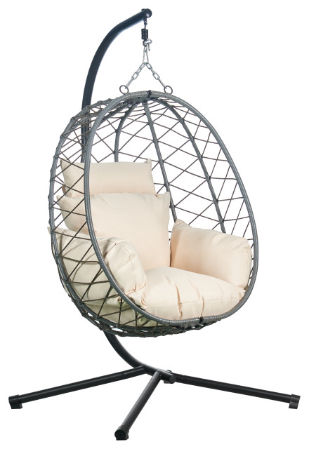 Leisuremod Summit Outdoor Egg Swing Chair in Gray Steel Frame, Beige