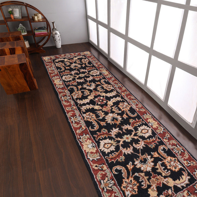 Hand Tufted Wool Area Rug Oriental Black Rust, [Runner] 2'6