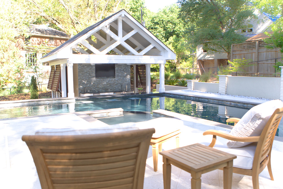 Pool house - large contemporary backyard custom-shaped and tile natural pool house idea