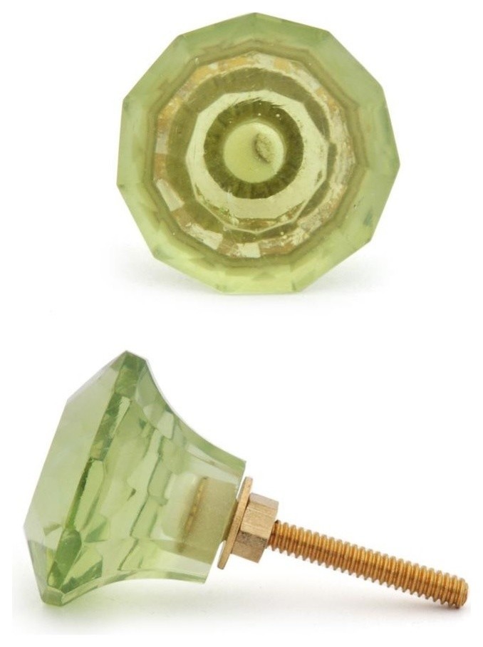 Glass Knobs, Green Glass Diamond-Cut, Set of 4