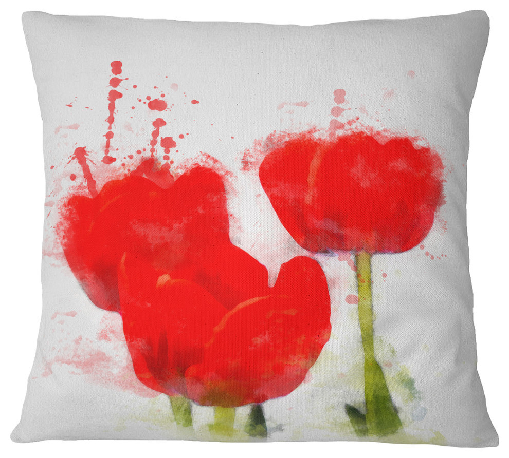 Bright Red Tulip Flowers With Splashes Floral Throw Pillow, 18"x18"