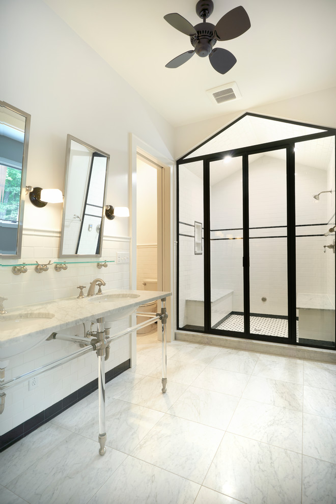 Mid-sized contemporary wet room bathroom in Other with white tile, subway tile, white walls, ceramic floors, with a sauna, marble benchtops, white floor, a hinged shower door, white benchtops and a console sink.