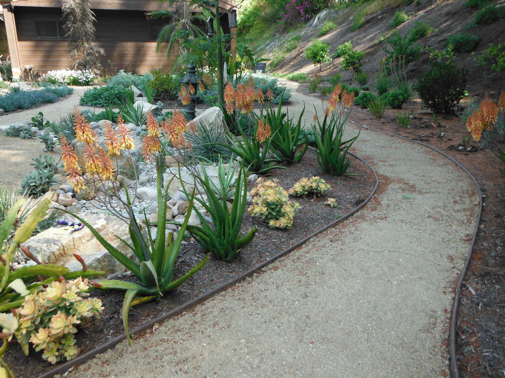 Inspiration for a large mediterranean side yard partial sun xeriscape for summer in San Diego with a garden path and gravel.