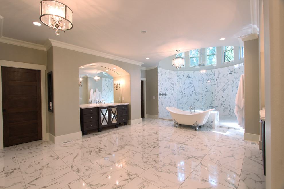 Grey Hickory Stained Cabinets Surrounded with Marble Tile ...