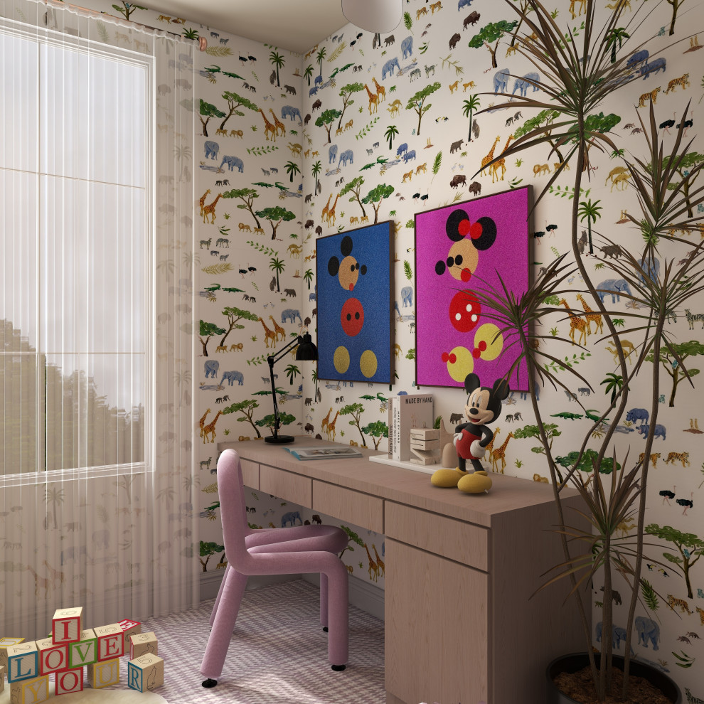 Example of a small trendy girl carpeted, purple floor and wallpaper nursery design in London with multicolored walls