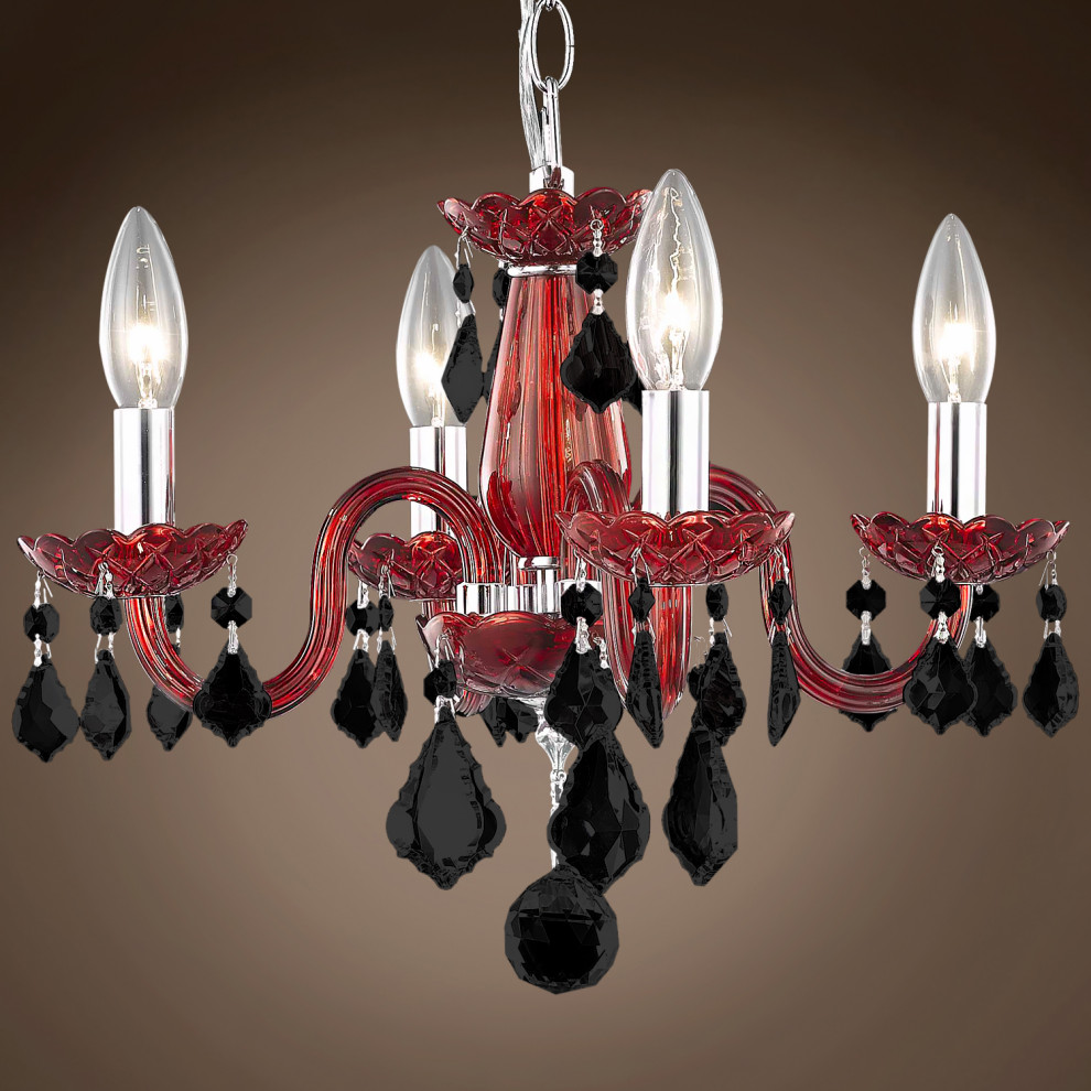 Victorian Design 4 Light 15" Red Chandelier With Black Crystals