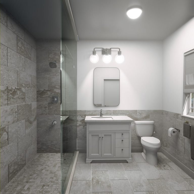 Inspiration for a medium sized modern shower room bathroom in New York with shaker cabinets, white cabinets, a one-piece toilet, grey tiles, ceramic tiles, a vessel sink, granite worktops, white worktops, a single sink and a freestanding vanity unit.