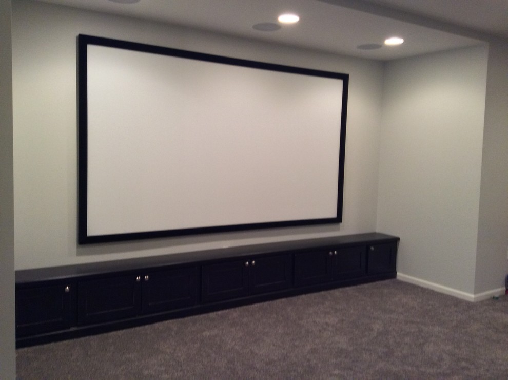 Design ideas for a transitional home theatre in Detroit.